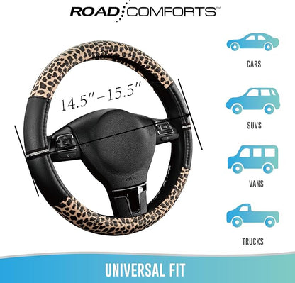 Road Comforts Leopard Steering Wheel Cover for Women, Cute Anti-Slip Microfiber Leather, Universal Fit 14.5-15 Inch Round Steering Wheel - Black