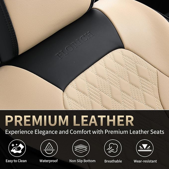 FLORICH Seat Covers, Car Seat Covers Full Set, Luxury Nappa Leather Seat Covers, Breathable and Waterproof Car Seat Protector 5 Seat, Automotive Seat Covers Universal Fit for Most Cars-Black&Beige