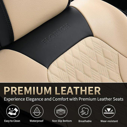 FLORICH Seat Covers, Car Seat Covers Full Set, Luxury Nappa Leather Seat Covers, Breathable and Waterproof Car Seat Protector 5 Seat, Automotive Seat Covers Universal Fit for Most Cars-Black&Beige