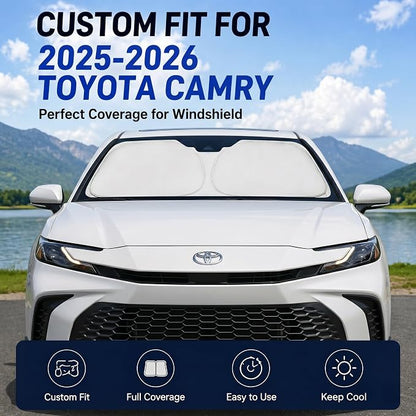 Custom Fit Windshield Sun Shade for Toyota Camry 2025-2026 | Custom Fit Windshield Cover, Blocks UV Rays, Double-Layer Heat Shield, Durable Frame, Easy Fold & Storage