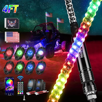 Nilight 2PCS 4FT RGB LED Whip Light and 8 PCS Rock Lights Combo, Remote & App Control w/DIY Chasing Patterns Stop Turn Reverse Safety Antenna Lighted Whips for ATV UTV