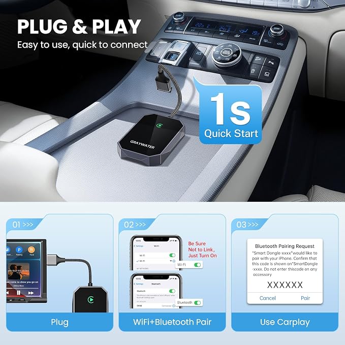 GRAYWATER Wireless CarPlay Adapter,Convert OEM Wired to Wireless Car Play Dongle Fit for Cars 2015+ & for Apple iPhone iOS 10+,Innovative Seamless Control Plug & Play (Light Gray)