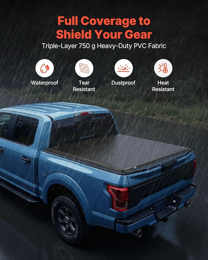 VEVOR Soft Roll-Up Truck Bed Tonneau Cover, Compatible with 2015-2026 Ford F150 Styleside/Fleetside (Not Fit Flareside/Stepside), Fit 6.5 ft (6 ft 7 in/79 in) Bed, PVC Tonneau Cover with Aluminum Bars