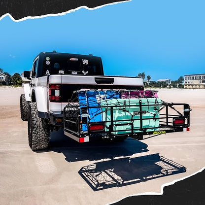 Mockins 60"x24"x14" High Rail Car Trailer Hitch Cargo Carrier w/Rear Lights, Plate Bracket & 30 CuFt Waterproof Hitch Cargo Bag | 500 Lbs. Cap Weatherproof Folding Luggage Rack for SUV Car Truck & RV
