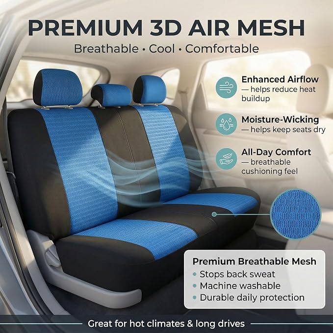 FH Group Automotive Seat Cover Trendy Elegance for Back Seat Blue Car Interior Accessories for SUV, Sedan & Van Universal Fit Combo Rear Seat Cover Split Bench Car Seat Protector for Dogs and Kids
