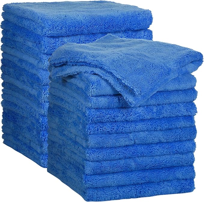 Shimeyao 20 Pcs 16 x 16 Inch Edgeless Microfiber Plush Towels for Cars Detailing Drying Wash Polishing Absorbent Cleaning Cloths, 500 GSM (Dark Blue)