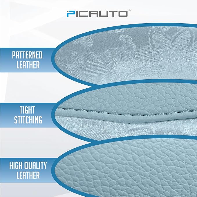 PIC AUTO Steering Wheel Cover, Light Blue Patterned Leather Patchwork Design, Universal Fit 14.5"–15.5" D-Shape Steering Cover, Soft PU Grain Leather, Durable Grip Car Accessory for Girls & Women