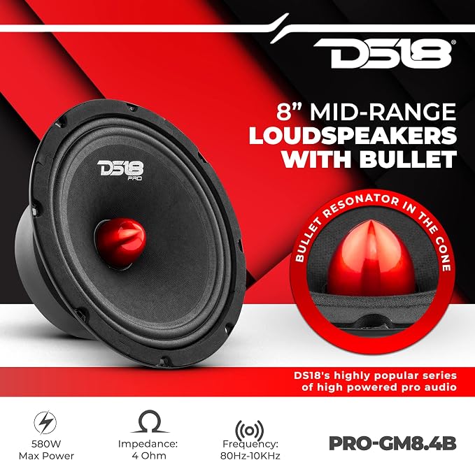 DS18 PRO-GM8.4B Loudspeaker - 8", Midrange, Red Aluminum Bullet, 580W Max, 4 Ohms,1.5" Kapton VC, Premium Quality Audio Door Speakers for Car or Truck Stereo Sound System (1 Speaker)