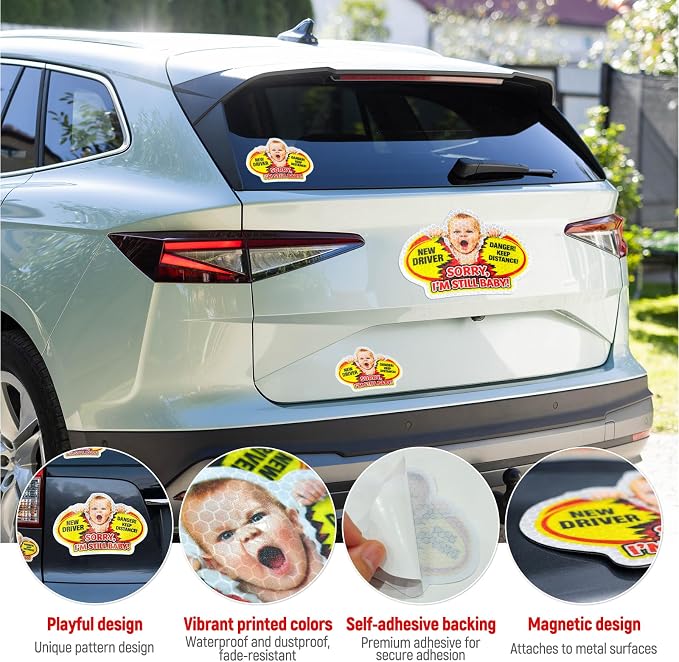 3 Pcs Reflective Student Driver Magnet and Stickers Set - Funny Animal New Driver Safety Signs for Car, Waterproof & Weatherproof High Visibility Vehicle Bumper Decals, Magnet + Stickers (Human)