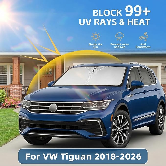 Windshield Sun Shade for VW/Volkswagen Tiguan 2018-2024 2025 2026 Front Window Shade Custom Fit Tiguan Accessories Sun Visor Foldable Shade Blocks UV Rays Summer Must Have Car Accessories