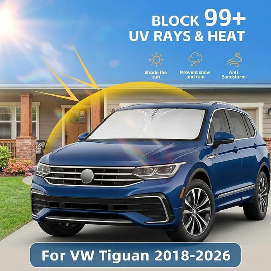 Windshield Sun Shade for VW/Volkswagen Tiguan 2018-2024 2025 2026 Front Window Shade Custom Fit Tiguan Accessories Sun Visor Foldable Shade Blocks UV Rays Summer Must Have Car Accessories