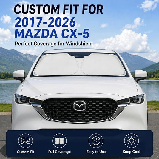 Custom Fit Windshield Sun Shade for Mazda CX5 CX-5 2017-2026 | Perfect Vehicle Fit, Cooler Interior, Blocks UV Rays, Stronger Frame, Easy Fold & Store