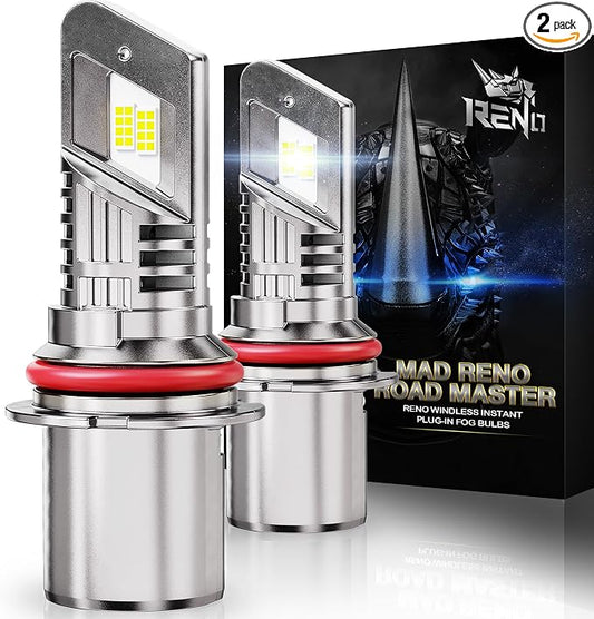 RENO 9007 Bulb, 9007 Fog Bulbs 6500K Cool White HB5 1:1 Mini with with Cooling Fan Powersports Accessory Fog Lights or ATV 34000LM Plug-N-Play, Pack of 2