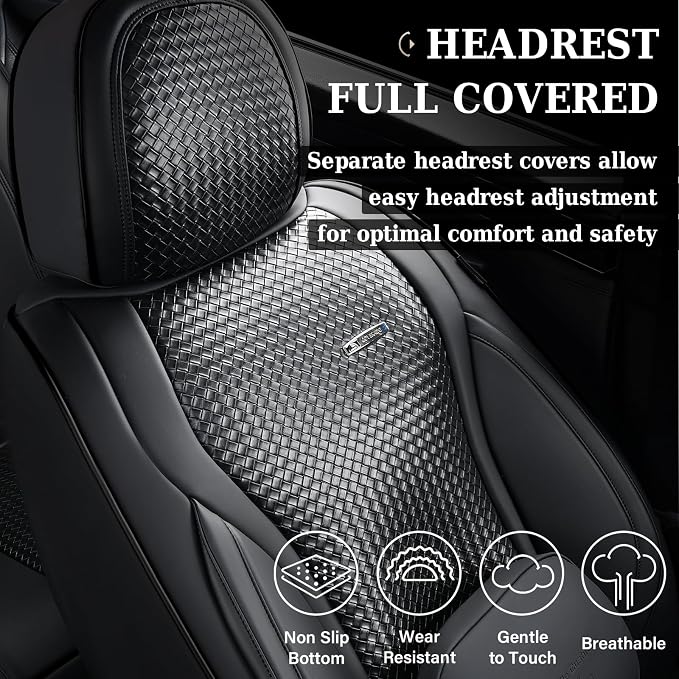 Coverado Seat Covers, Car Seat Covers Front Seats, Waterproof Nappa Leather Auto Seat Cover with Lumbar Head Pillow, Black Seat Covers Carseat Cover Universal Fit for Most Cars