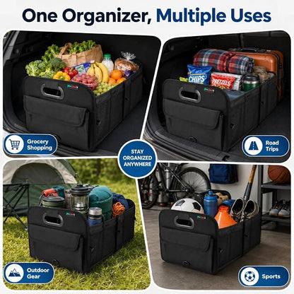 PAT SAM'S Trunk Organizer for SUV, Collapsible Car Trunk Organizer with Dividers, Waterproof 600D Oxford, Non-Slip Storage Organizer for Groceries, Tools, Travel, Truck & Car (Black)