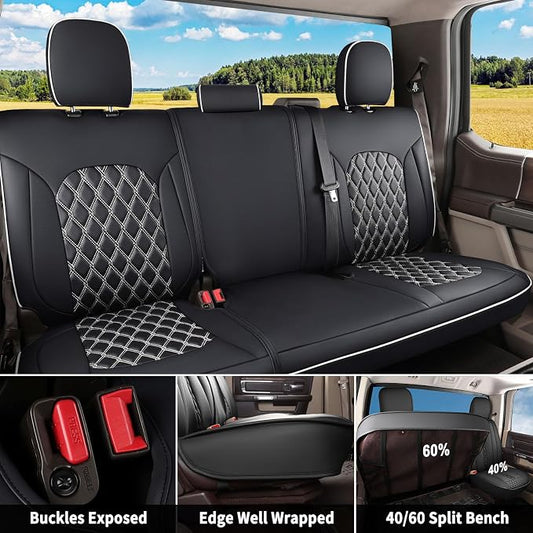 Huidasource Rear Car Seat Covers Fit for Toyota Tacoma 2016-2023 Double & Crew Cab SR SR5 Limited TRD Sport/Pro/Off Road, Split Rear Bench Back Row Leather Seat Cover (Back Row/Black&White)