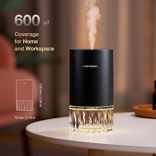 Airversa Waterless Essential Oil Diffuser for Home Room Desk Car Air Freshener Diffuser, Up to 600 sq ft, Battery Operated, Mist Level and Timer Settings, 100mL Capacity, Cold Air, RD1 Black
