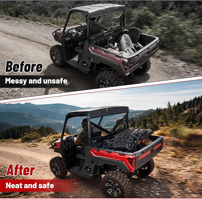 StarknightMT Cargo Net with Adjustable Straps Compatible with Truck Pickup UTV Polaris Ranger General Can-am Defender Commander Kawasaki Mule CFmoto UForce 45.7 * 27.2 inch Black Nylon