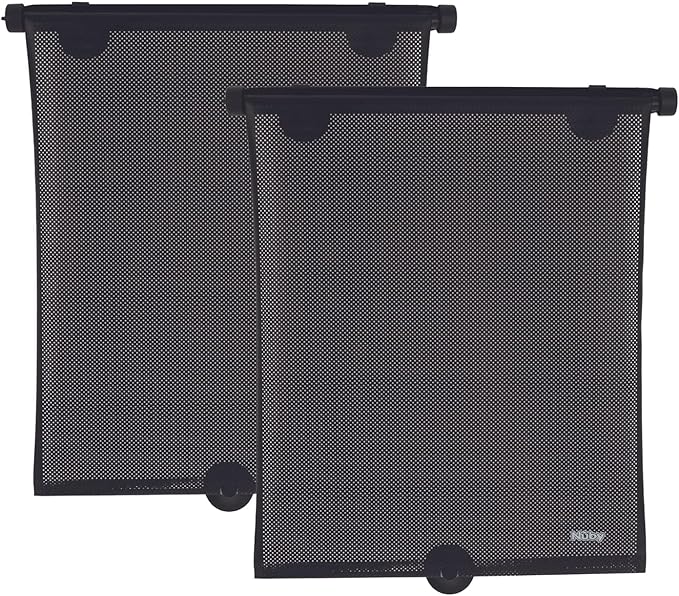 Nuby 14" Roller Vehicle Side Window Sun Protection Shade for Baby | 2 Pack | Pull Down with Suction Cups and Press Button Roll Up | Black