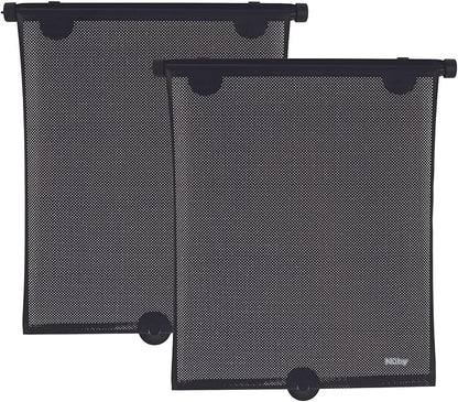 Nuby 14" Roller Vehicle Side Window Sun Protection Shade for Baby | 2 Pack | Pull Down with Suction Cups and Press Button Roll Up | Black