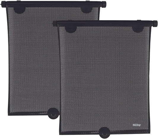 Nuby 14" Roller Vehicle Side Window Sun Protection Shade for Baby | 2 Pack | Pull Down with Suction Cups and Press Button Roll Up | Black