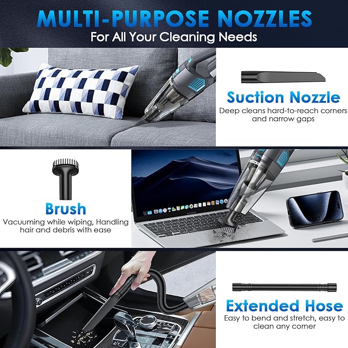 Gxzsk Handheld Vacuum Cordless, 15000PA Strong Suction Hand Held Car Vacuum Cleaner Rechargeable, Portable Hand Vacuum with Multi-Nozzles & Washable Filter for Home Office, Car, Pets