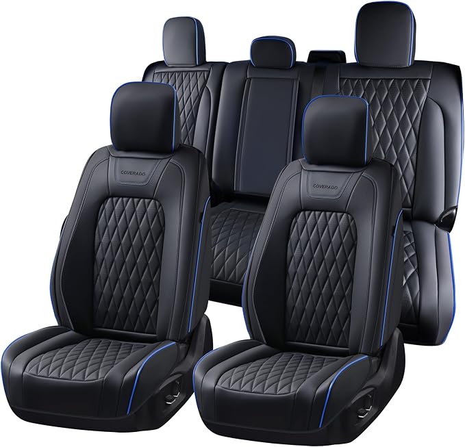 Coverado Leather Ford F150 Seat Covers Full Set, Automotive Seat Covers for Pick-up Truck, Waterproof Cushion Cover for 2015-2026 F150 and 2017-2026 F250 F350 F450 (Blue line)