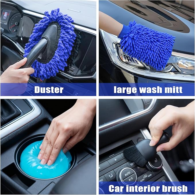 Car Wash Detailing Kit Cleaning Kits with Foam Gun Sprayer, Car Wash Brush and Large Wash Mitt Duster for Car Interior and Exterior Cleaning (Blue)