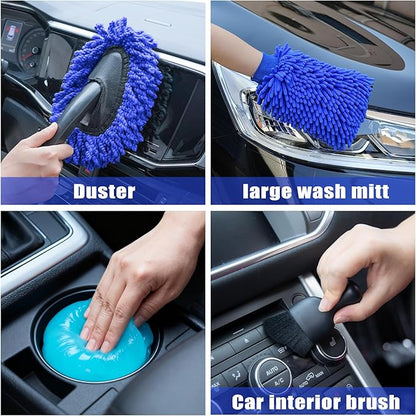 Car Wash Detailing Kit Cleaning Kits with Foam Gun Sprayer, Car Wash Brush and Large Wash Mitt Duster for Car Interior and Exterior Cleaning (Blue)