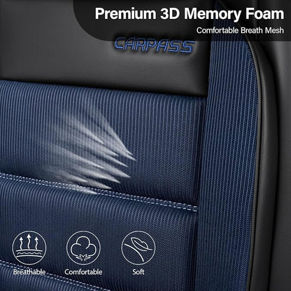 CAR PASS Memory Foam Seat Covers Front, Airy Cool Mesh Thick Car Seat Covers, Leather Car Seat Covers Front Seats Airbag Compatible, Universal Automotive Comfort for Most Cars, Trucks, SUV, Black Blue