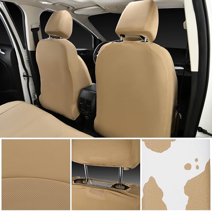 CAR PASS Cow Print Faux Leather Car Seat Covers & Cow Car Mats & Cow Steering Wheel Cover Seat Belt Pads Universal fit for SUV,Van,Saden,Truck Cute Car Accessories Automobile Interior Sets All Beige