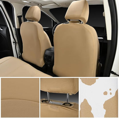 CAR PASS Cow Print Faux Leather Car Seat Covers & Cow Car Mats & Cow Steering Wheel Cover Seat Belt Pads Universal fit for SUV,Van,Saden,Truck Cute Car Accessories Automobile Interior Sets All Beige