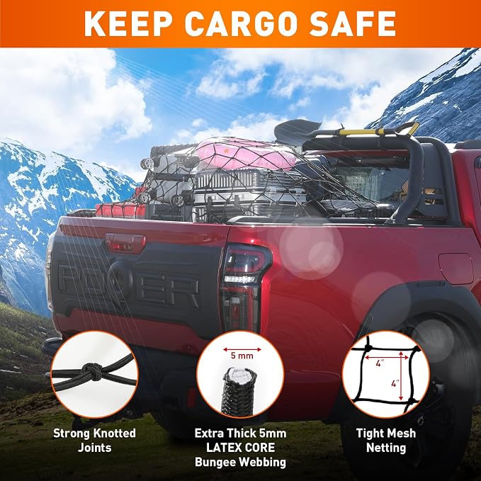 Suu66 Heavy Duty Cargo Net for Pickup Truck Bed - 5' x 7' Stretches to 15' x 21' - Sturdy Latex Bungee Net Mesh - with 12 Metal Carabiners - Truck Bed Accessories for Dodge RAM, Ford, Chevy, Toyota