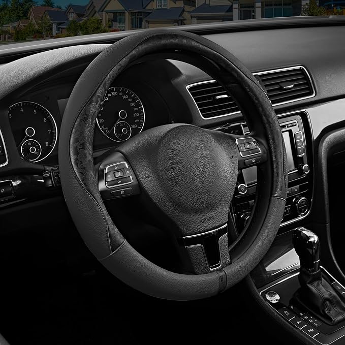 PIC AUTO Steering Wheel Cover, Black Patterned Leather Patchwork Design, Universal Fit 14.5"–15.5", Anti-Slip, Odor-Free, Soft PU Grain Leather, Durable Grip Car Accessory for Girls & Women