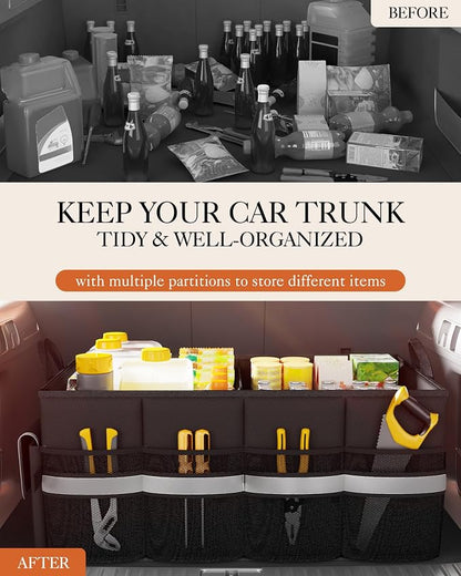 HOTOR Trunk Organizer - Car Organizer with 5 Pockets, Trunk organizer for SUV, Sedan & Van, Car Organization with Sturdy Base Panel for Car Accessories, Black, 2 Compartments, 21.3"×12.6"×10.6"