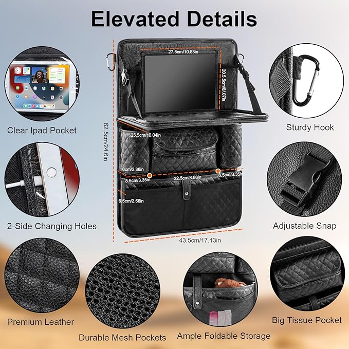 Car Backseat Organizers 2-Pack with Foldable Tray - PU Leather Back Seat Car Organizers with 11 Storage Pockets, Tablet Holders, Kick Mats Protectors for Kids Family Travel Essentials (Black)