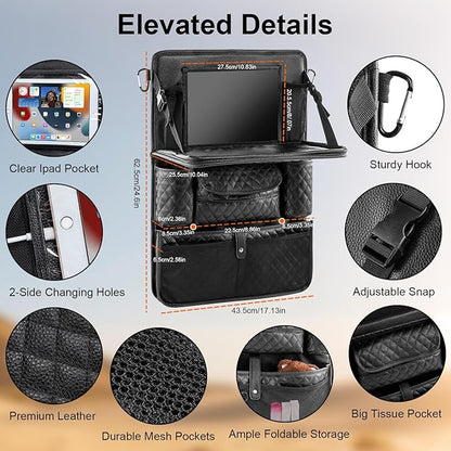 Car Backseat Organizers 2-Pack with Foldable Tray - PU Leather Back Seat Car Organizers with 11 Storage Pockets, Tablet Holders, Kick Mats Protectors for Kids Family Travel Essentials (Black)