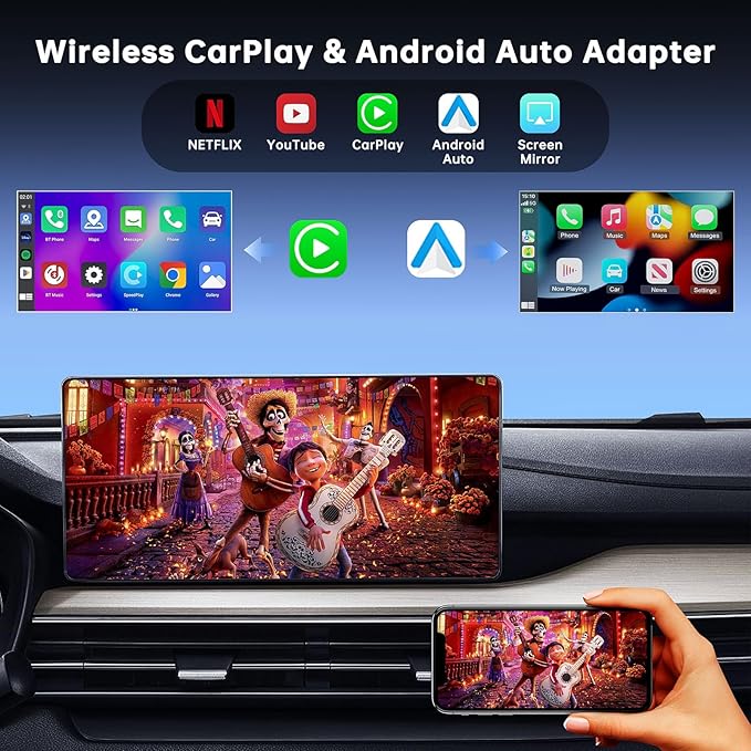 6-in-1 Magic Video Box for Netflix/YouTube, Wireless CarPlay Adapter & Android Auto Wireless Adapter Convert Wired to Wireles Carplay Dongle for OEM Wired CarPlay Cars, TF Card Playback, Plug & Play