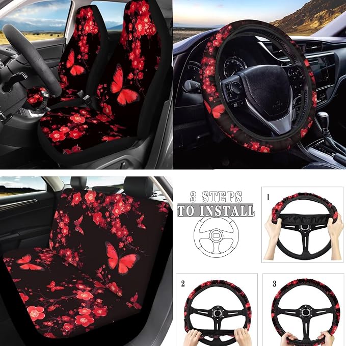 Red Butterfly 10 Pcs Car Seat Covers, Cherry Blossom Breathable Front Rear Seat Cover Cherry Flower Butterfly Steering Wheel Protector for Car Truck SUV, Universal Fit