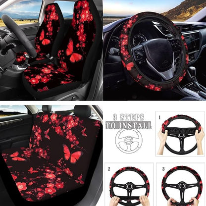 Red Butterfly 10 Pcs Car Seat Covers, Cherry Blossom Breathable Front Rear Seat Cover Cherry Flower Butterfly Steering Wheel Protector for Car Truck SUV, Universal Fit