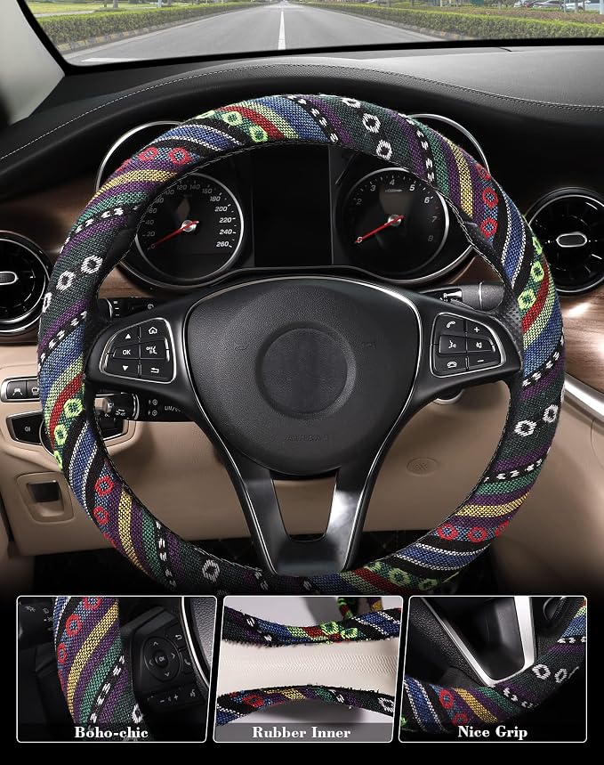 SEG Direct Boho Steering Wheel Cover with Baja Blanket Cloth, Ethnic Style Auto Wheel Cover Made of Coarse Flax, Fits 14 1/2-15 1/4 inches Car Wheel