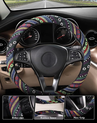 SEG Direct Boho Steering Wheel Cover with Baja Blanket Cloth, Ethnic Style Auto Wheel Cover Made of Coarse Flax, Fits 14 1/2-15 1/4 inches Car Wheel