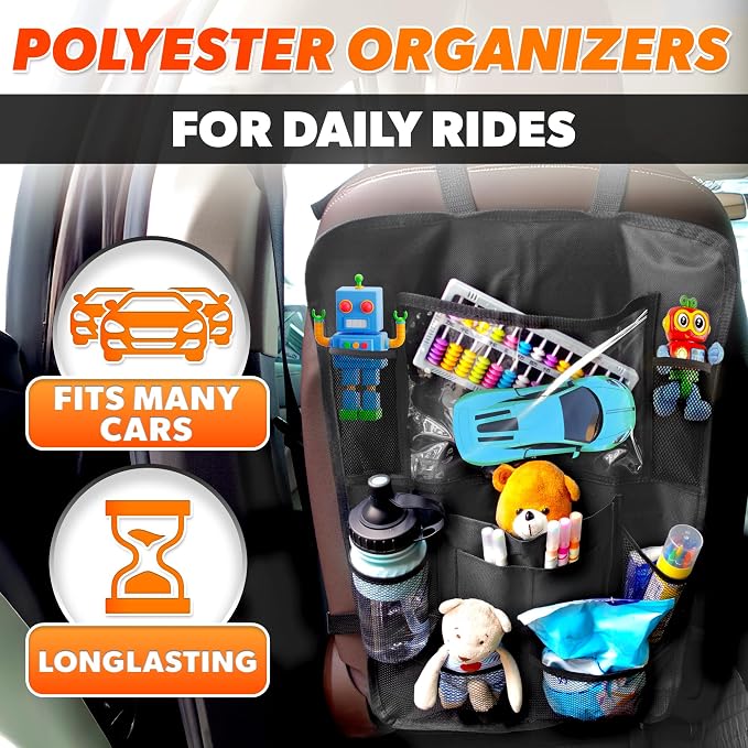 2 Pcs Backseat Car Organizer - Travel-Ready 23.4x16" Back Seat Car Organizer with 9 Large Pockets & Clear Tablet Holder, Made of Reliable Polyester with Long and Strong Straps - Easy to Attach & Clean