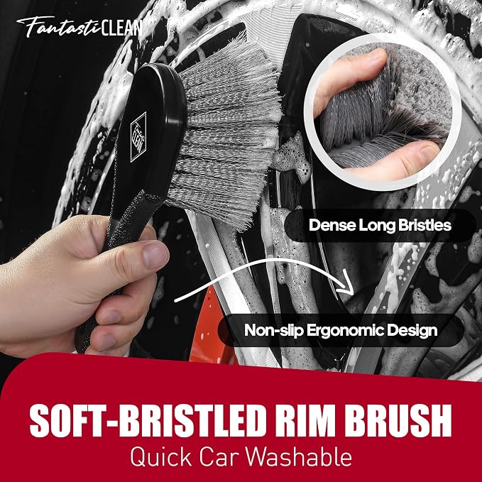 Fantasticlean 7PCS Car Wheel Brush Kit for Car Owners Detailers, Soft-bristled Brush, Tire brush for Car Detailing, Rim Cleaning Tape, Bendable & Curved Brushes and Pads for Home Shop, Cars Trucks RVs