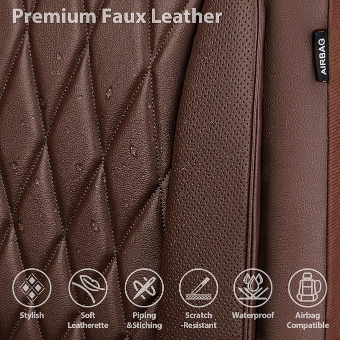CAR PASS Piping Luxury Faux PU Leather Two Front Car Seat Covers, Waterproof Anti Slip Seat Covers Compatible with Front Seat Armrests,Universal Fit for Suvs,Vans,Trucks,Airbag Compatible, All Brown
