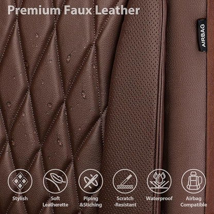 CAR PASS Piping Luxury Faux PU Leather Two Front Car Seat Covers, Waterproof Anti Slip Seat Covers Compatible with Front Seat Armrests,Universal Fit for Suvs,Vans,Trucks,Airbag Compatible, All Brown