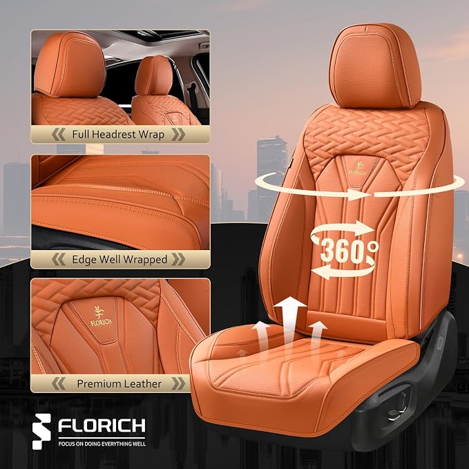 FLORICH Seat Covers, Leather Car Seat Covers Front Seats, Automotive Seat Covers Waterproof Car Seat Cushion Orange Seat Cover Protector Universal Fit for Most Cars Trucks SUVs