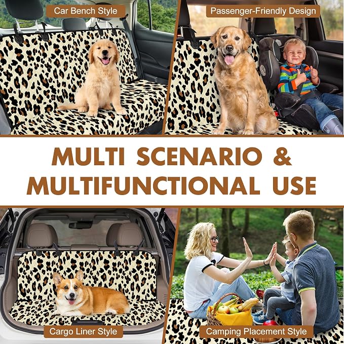 NECKORY Backseat Cover for Dogs, Waterproof and Non-Slip Pet Bench Seat Covers, Car Seat Protector for Back Seat, Universal Size Rear Car Seat Cover Fits Cars, Trucks and SUVs, L-Leopard&Black