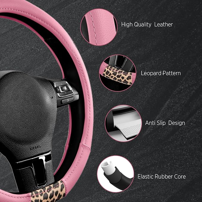Road Comforts Steering Wheel Cover - Flat Bottom Wheel Cover Made with PVC Leather and Leopard Fabric - Universal Fit for 15-Inch D-Shaped Automotive Steering Wheels (Pink Color)