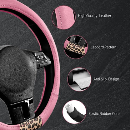 Road Comforts Steering Wheel Cover - Flat Bottom Wheel Cover Made with PVC Leather and Leopard Fabric - Universal Fit for 15-Inch D-Shaped Automotive Steering Wheels (Pink Color)